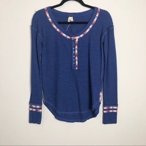 Free People Cobalt Blue Long Sleeve Henley with Multicolor Trim